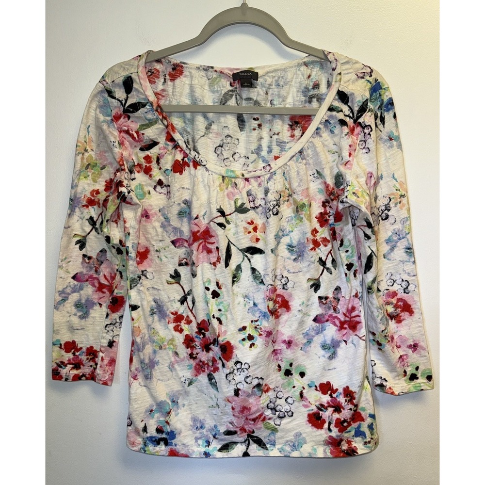 Aritzia Talula Floral White Abstract Bright Tee Top Cotton Long Sleeve Large